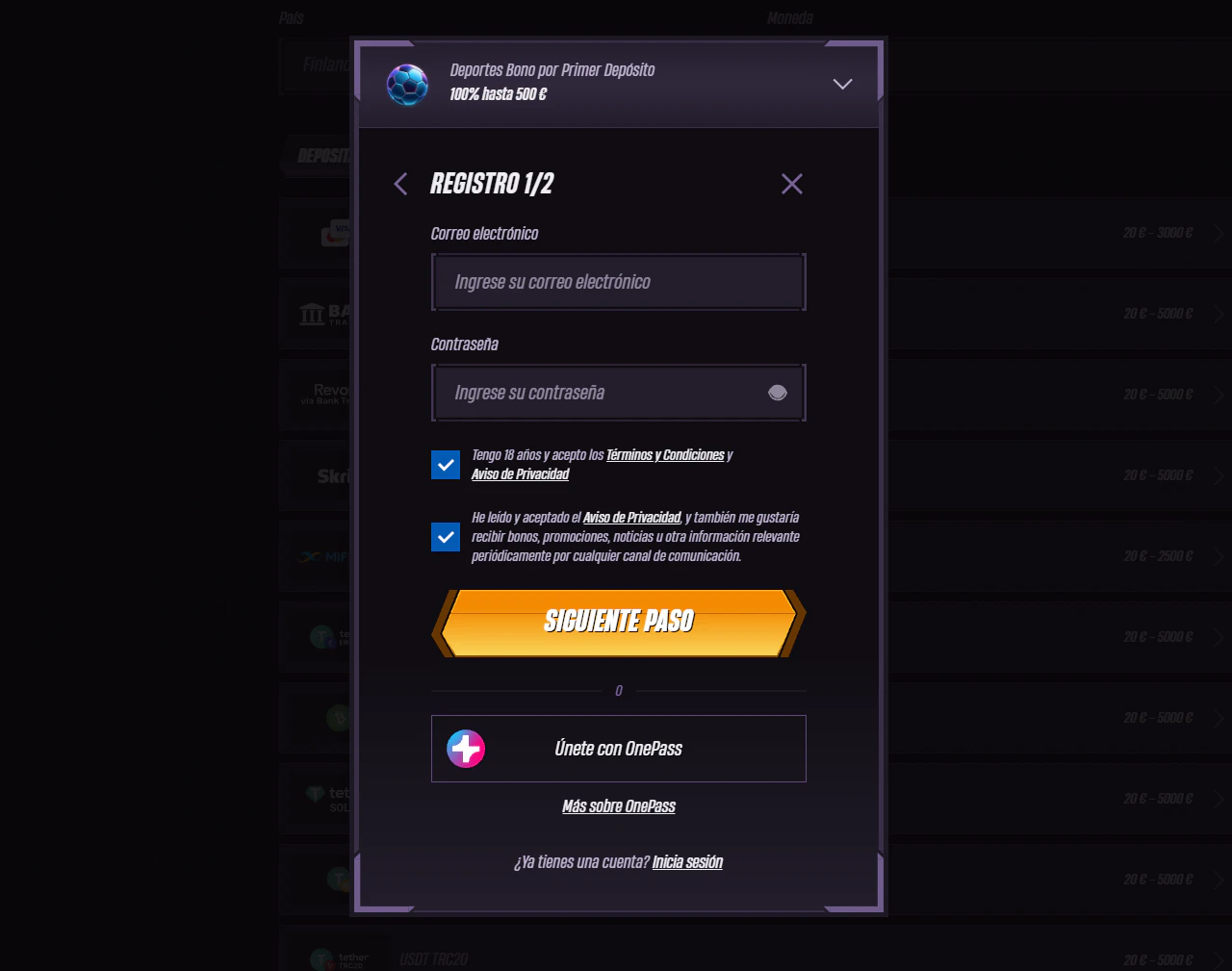 Winrolla Casino formulario de registro e inicio de sesión